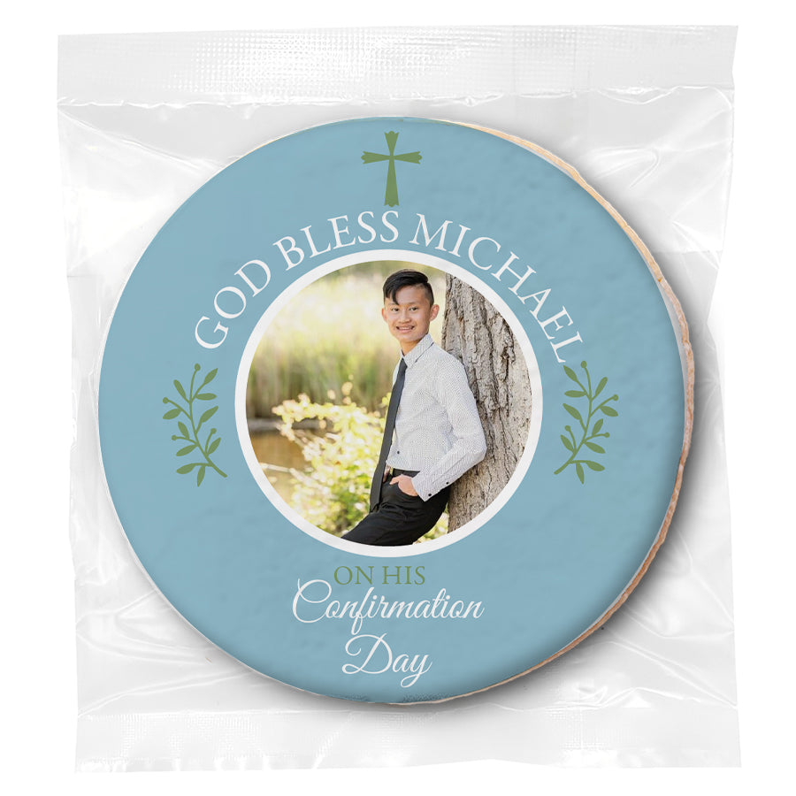 Confirmation Simple Cross Photo - Blue - Personalized Direct Print On Round Sugar Cookie