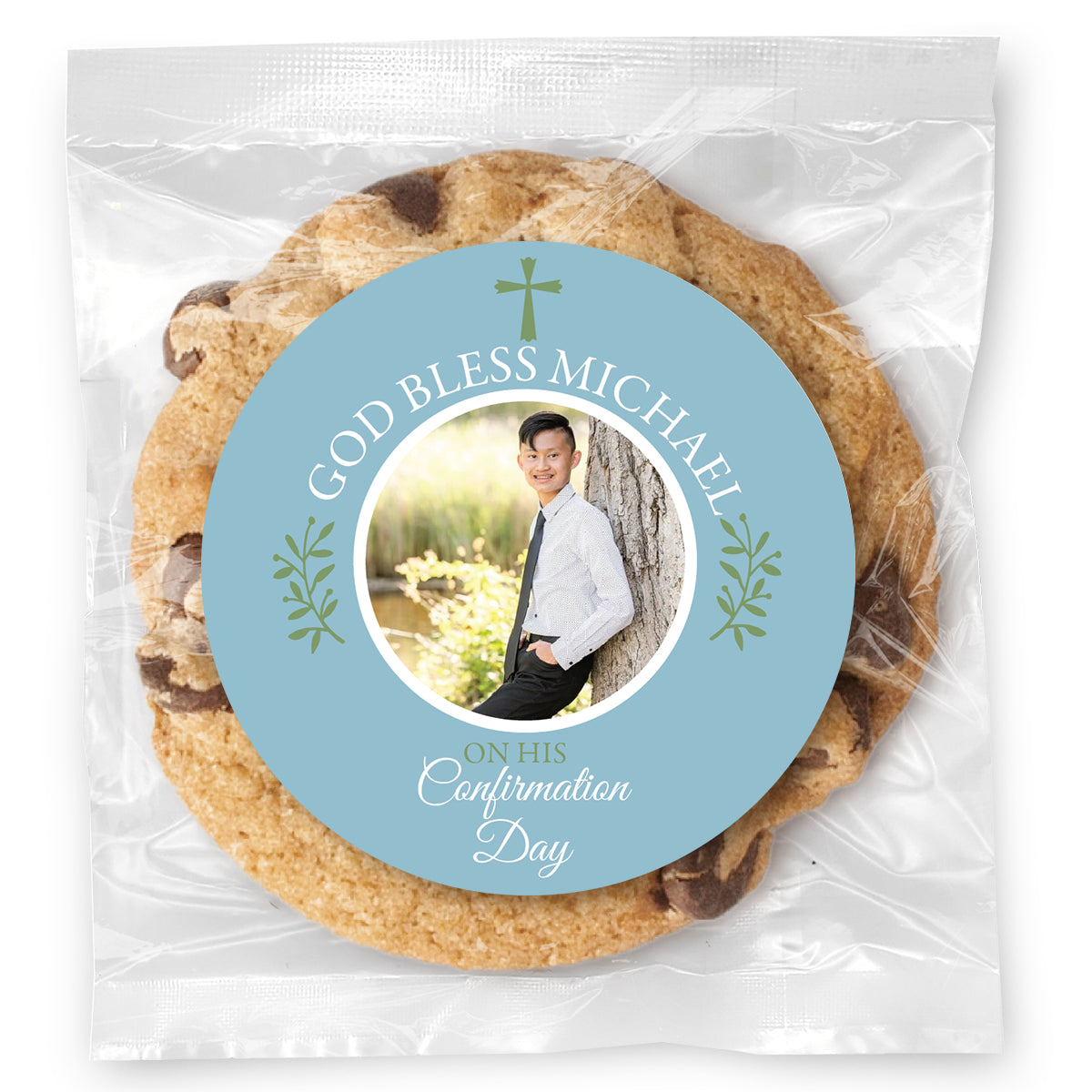 Confirmation Simple Cross Photo - Blue - Gourmet Chocolate Chip Or Variety Pack W/ Full Color Personalized Sticker