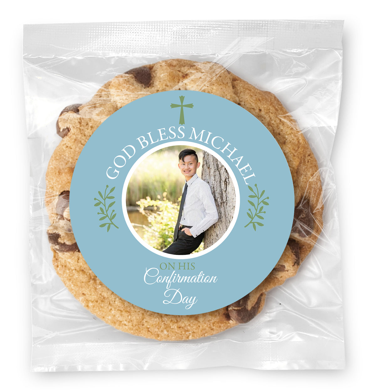 Confirmation Simple Cross Photo - Blue - Gourmet Chocolate Chip Or Variety Pack W/ Full Color Personalized Sticker
