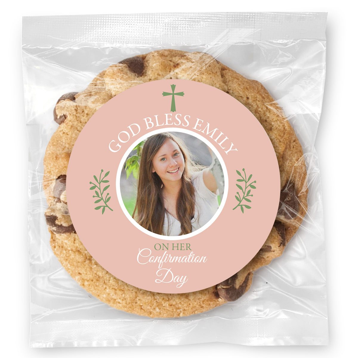 Confirmation Simple Cross Photo - Pink - Gourmet Chocolate Chip Or Variety Pack W/ Full Color Personalized Sticker