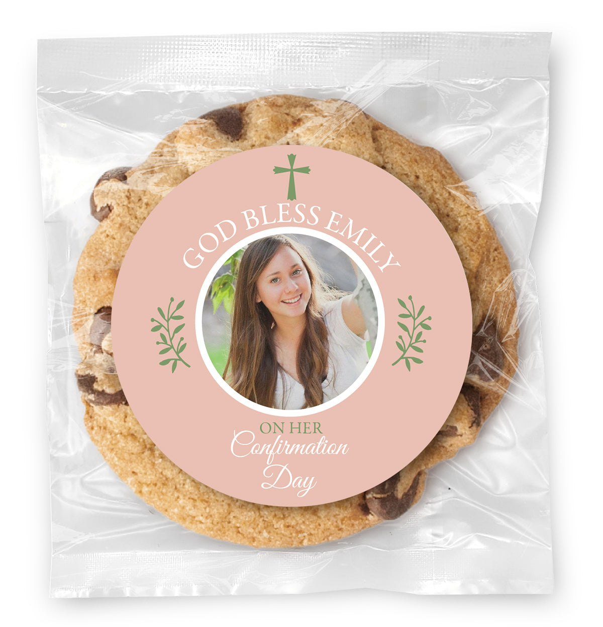 Confirmation Simple Cross Photo - Pink - Gourmet Chocolate Chip Or Variety Pack W/ Full Color Personalized Sticker