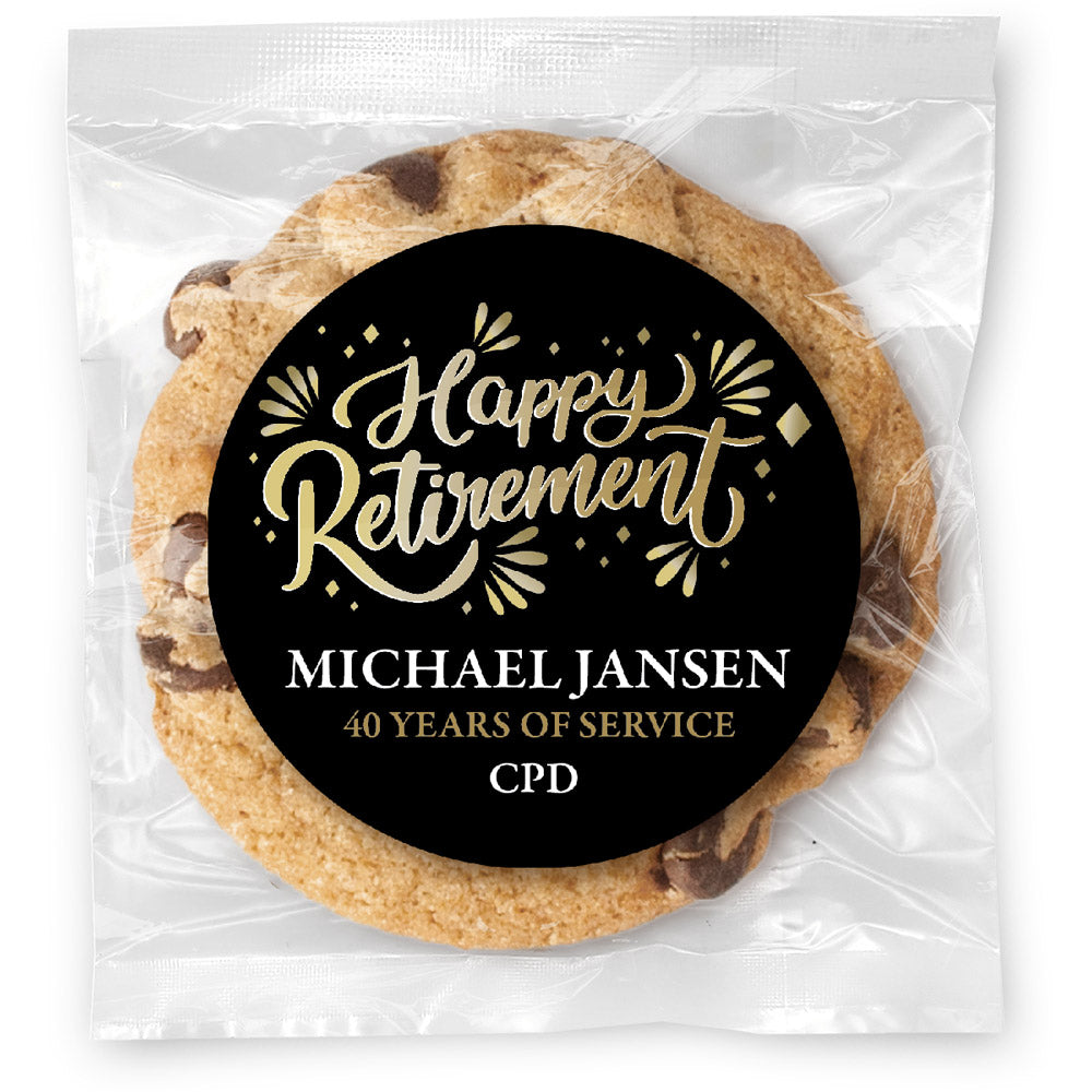 Happy Retirement Gold and Black - Gourmet Chocolate Chip Or Variety Pack W/ Full Color Personalized Sticker