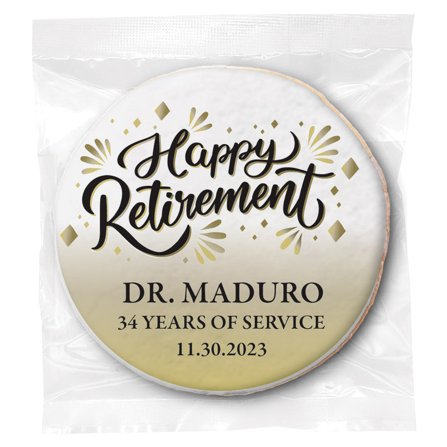 Happy Retirement Gold and Black - Personalized Direct Print On Round Sugar Cookie