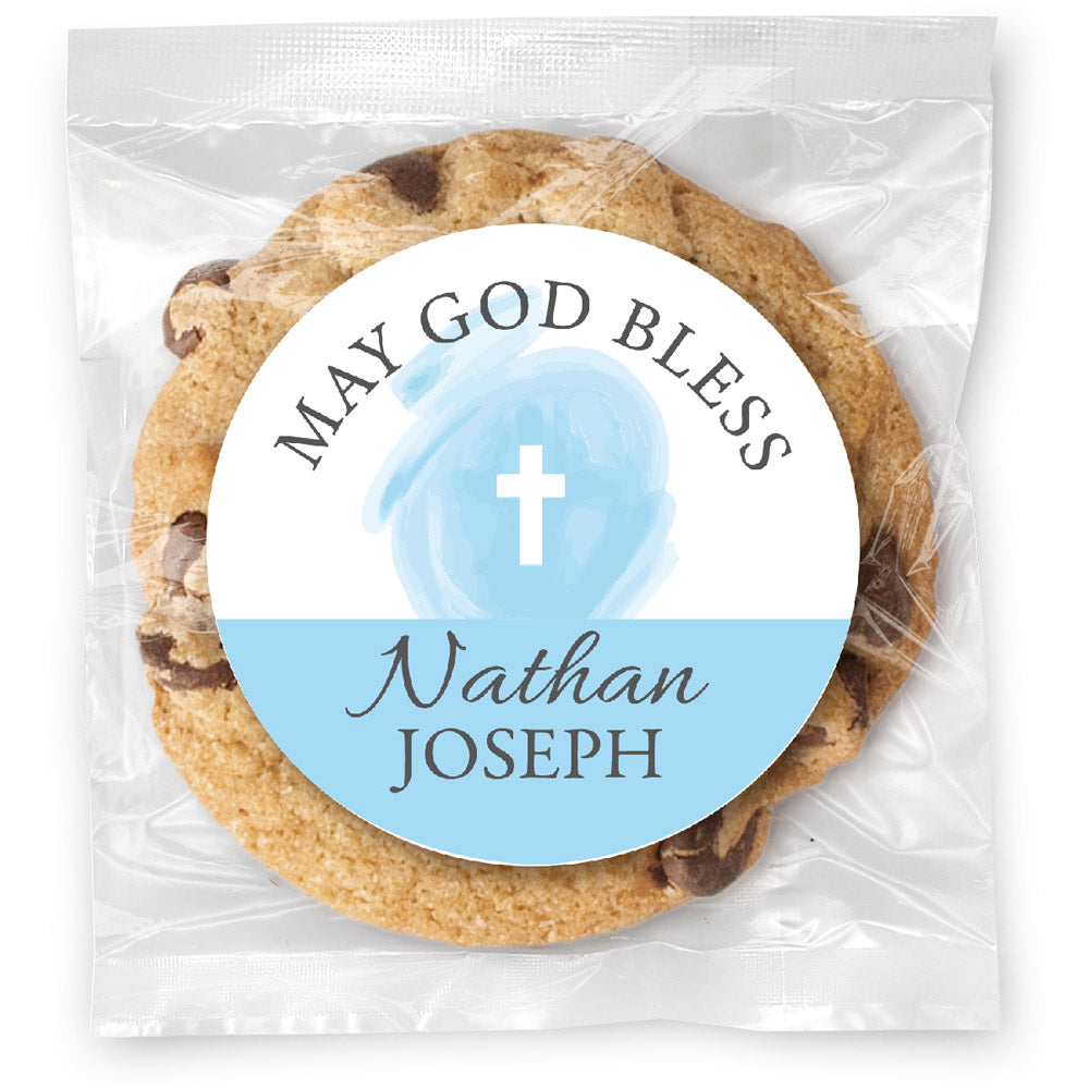 May God Bless Blue - Gourmet Chocolate Chip Or Variety Pack W/ Full Color Personalized Sticker