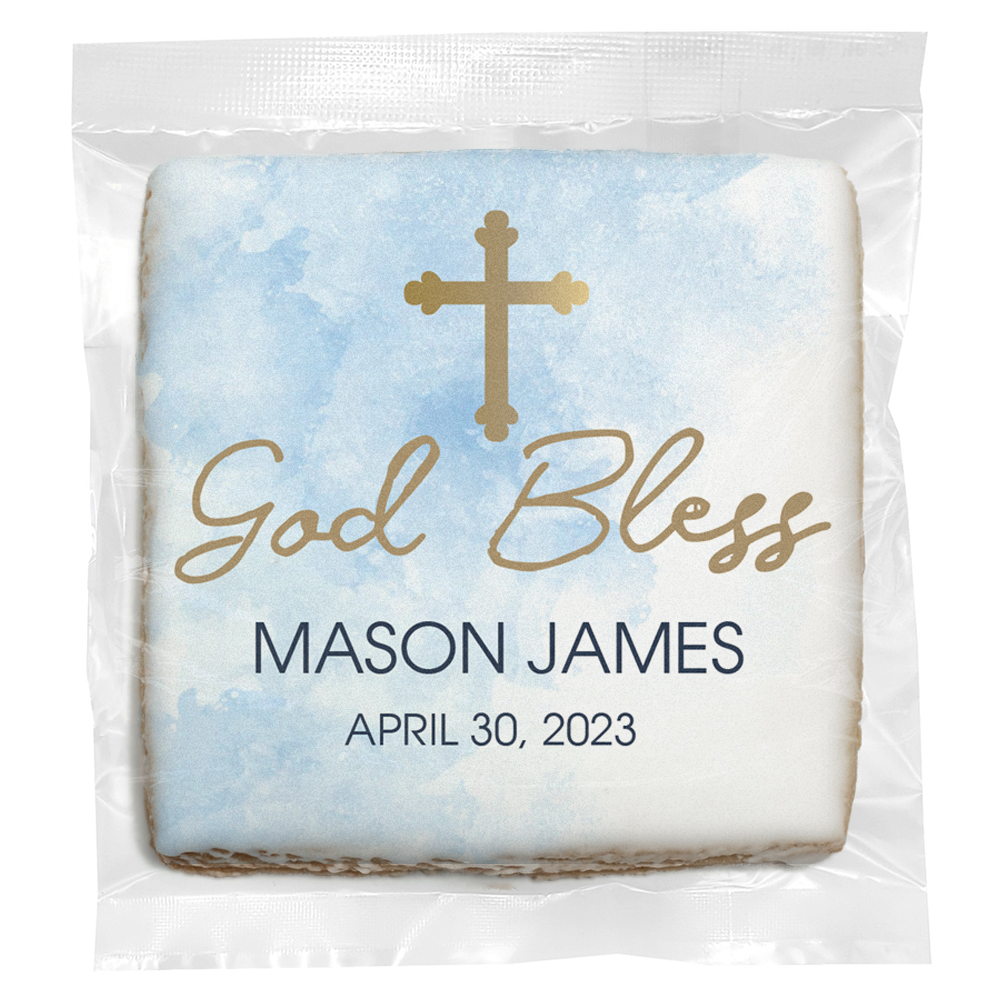 Blue Clouds Cross - Personalized Direct Print on Square Sugar Cookies