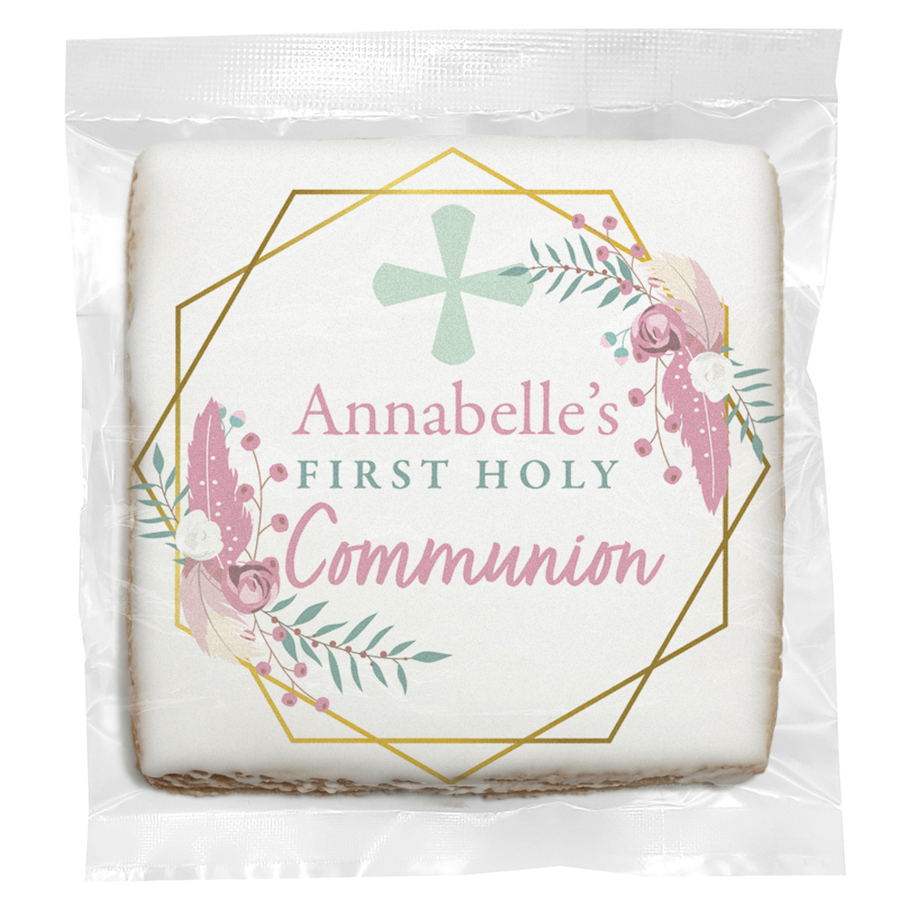 Florals and Feathers Communion - Personalized Direct Print on Square Sugar Cookies