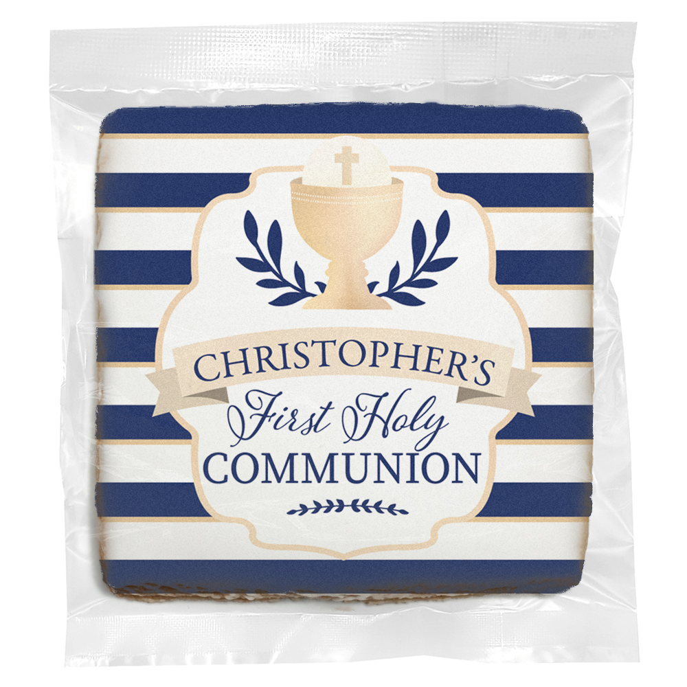 Blue Stripes Communion - Personalized Direct Print on Square Sugar Cookies