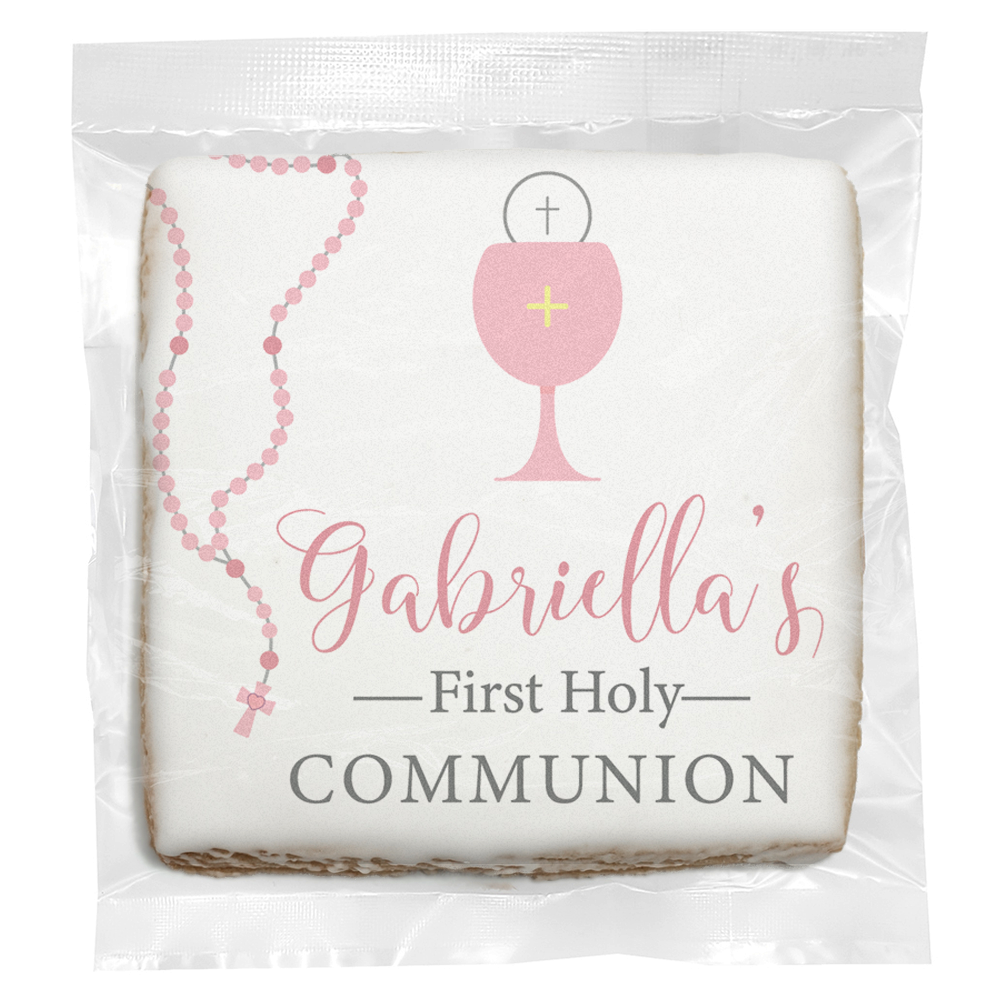 Pink Rosary Chalice - Personalized Direct Print on Square Sugar Cookies