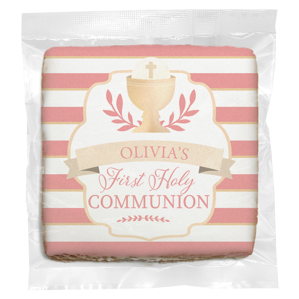 Pink Stripes Communion - Personalized Direct Print on Square Sugar Cookies