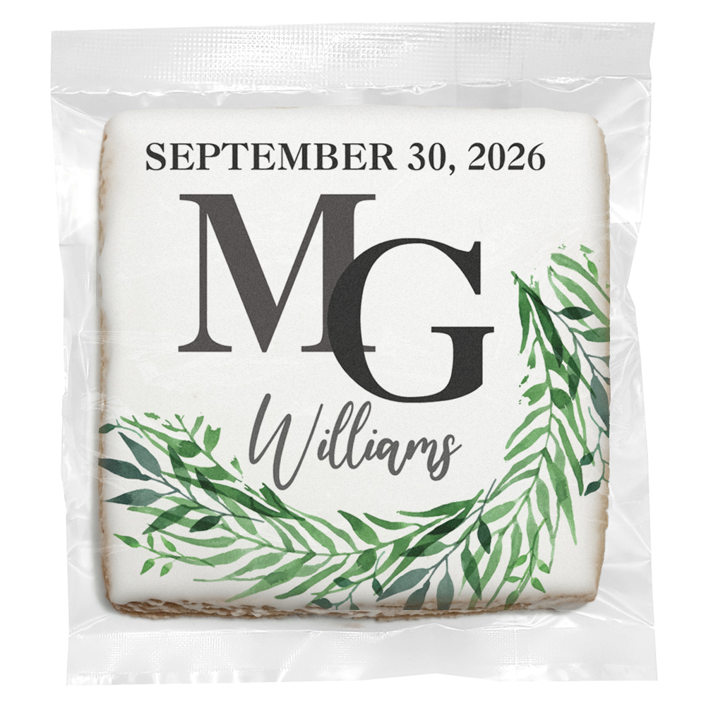 Monogram Green Wreath - Personalized Direct Print on Square Sugar Cookies