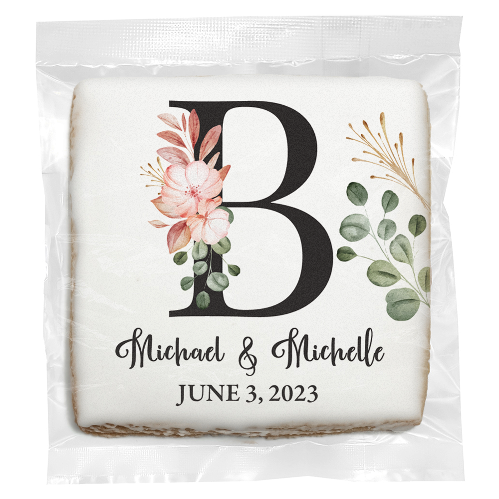 Muted Floral Monogram - Personalized Direct Print on Square Sugar Cookies