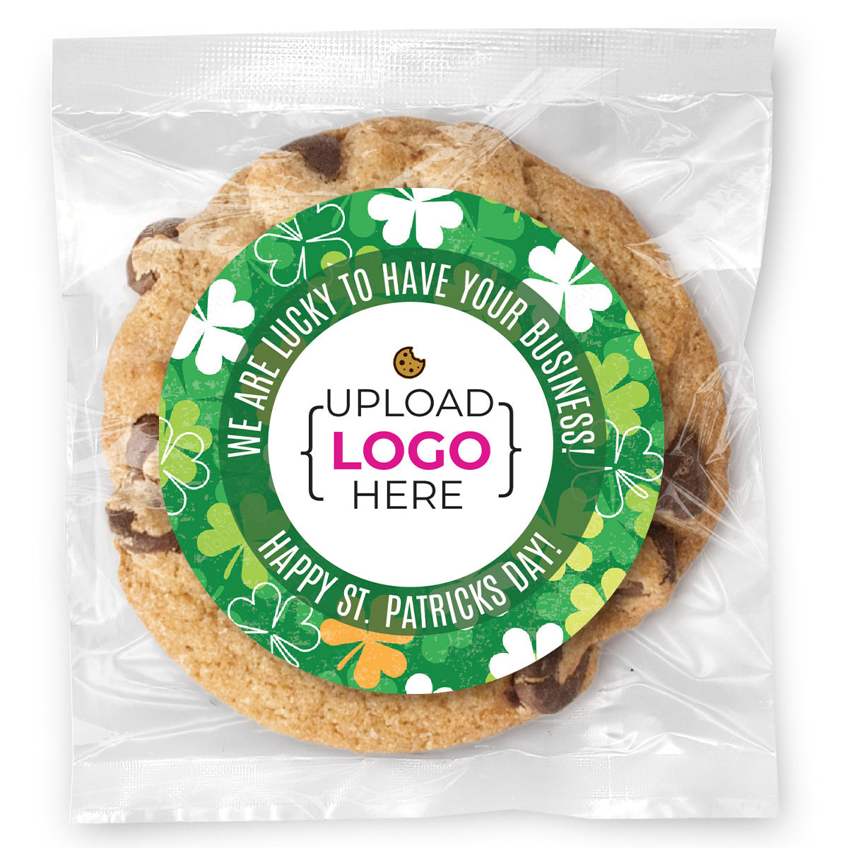 Shamrock Pattern Logo Upload - Gourmet Chocolate Chip Or Variety Pack W/ Full Color Personalized Sticker