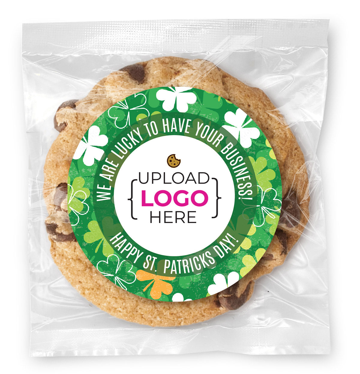 Shamrock Pattern Logo Upload - Gourmet Chocolate Chip Or Variety Pack W/ Full Color Personalized Sticker