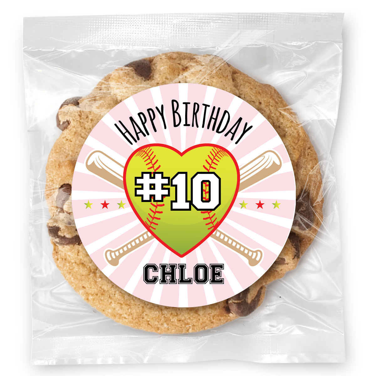 Softball Heart Party - Gourmet Chocolate Chip Or Variety Pack W/ Full Color Personalized Sticker