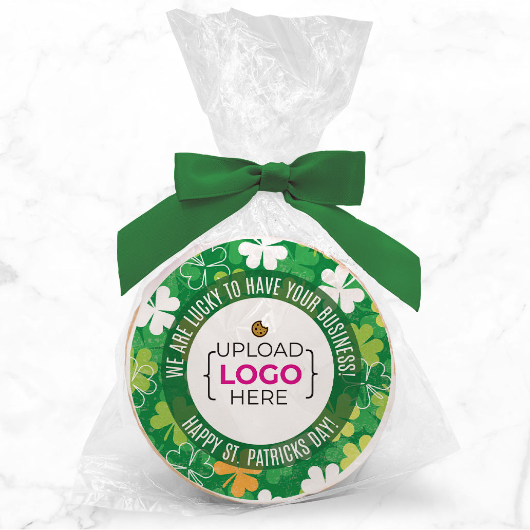 Shamrock Pattern Logo Upload - Personalized Direct Print On Round Sugar Cookie w/ Gift Bag & Matching Bow