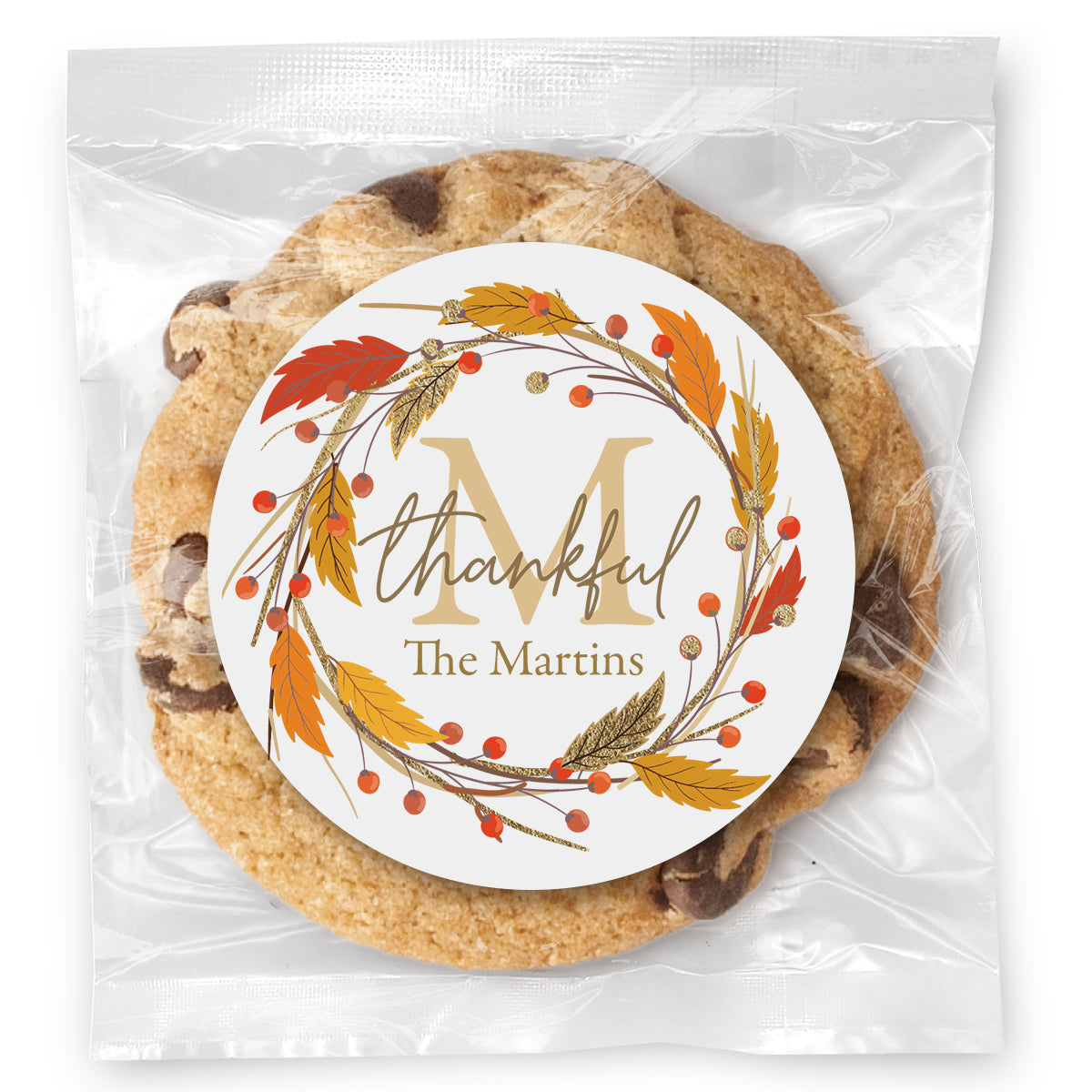 Thankful Monogram Wreath - Gourmet Chocolate Chip Or Variety Pack W/ Full Color Personalized Sticker