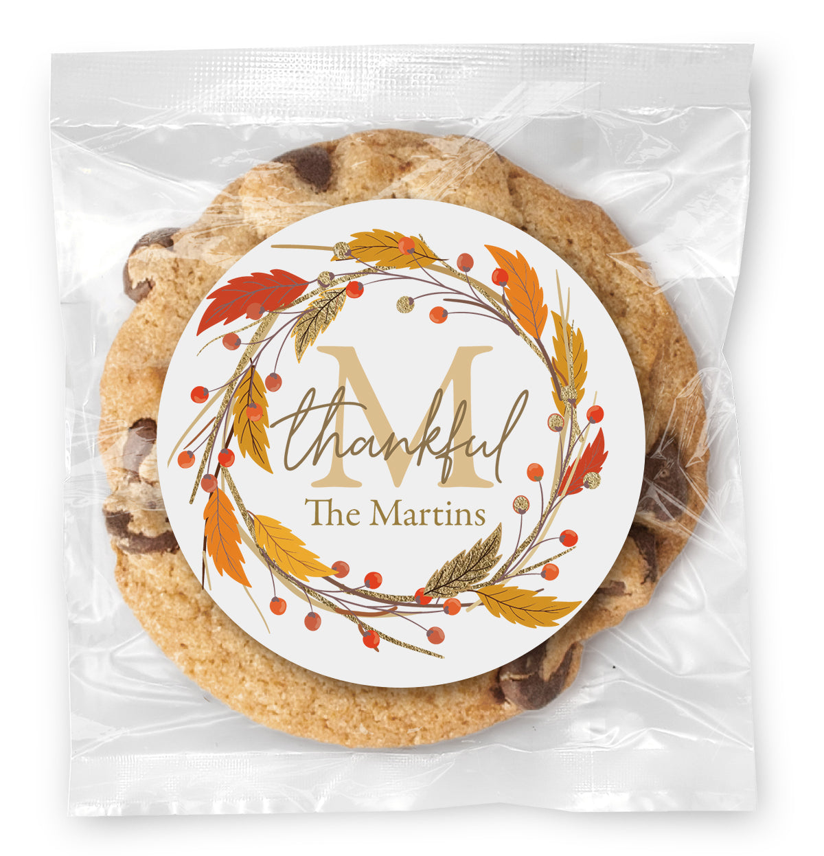 Thankful Monogram Wreath - Gourmet Chocolate Chip Or Variety Pack W/ Full Color Personalized Sticker