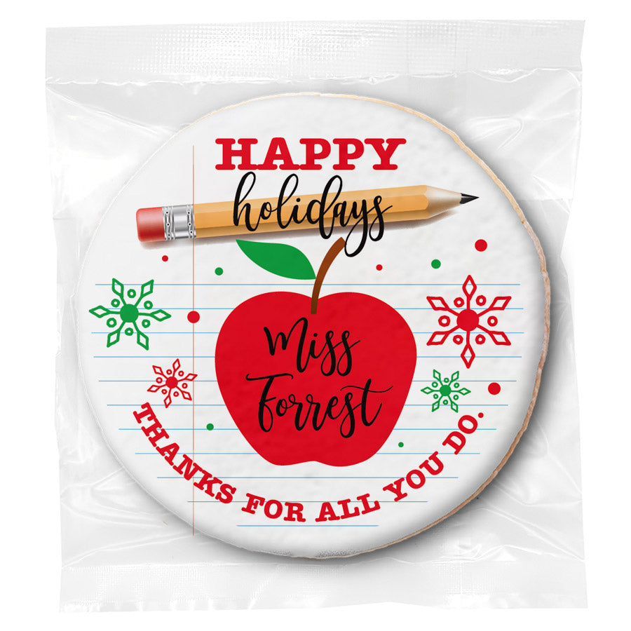 Holiday Thank You Teacher Apple - Personalized Direct Print On Round Sugar Cookie