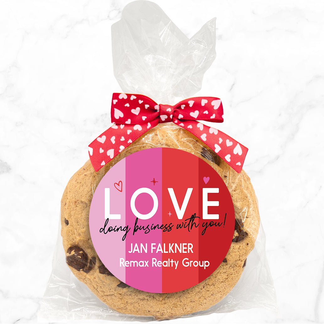 LOVE doing business with you - Gourmet Chocolate Chip Or Variety Pack W/ Full Color Personalized Sticker w/ Gift Bag & Matching Bow