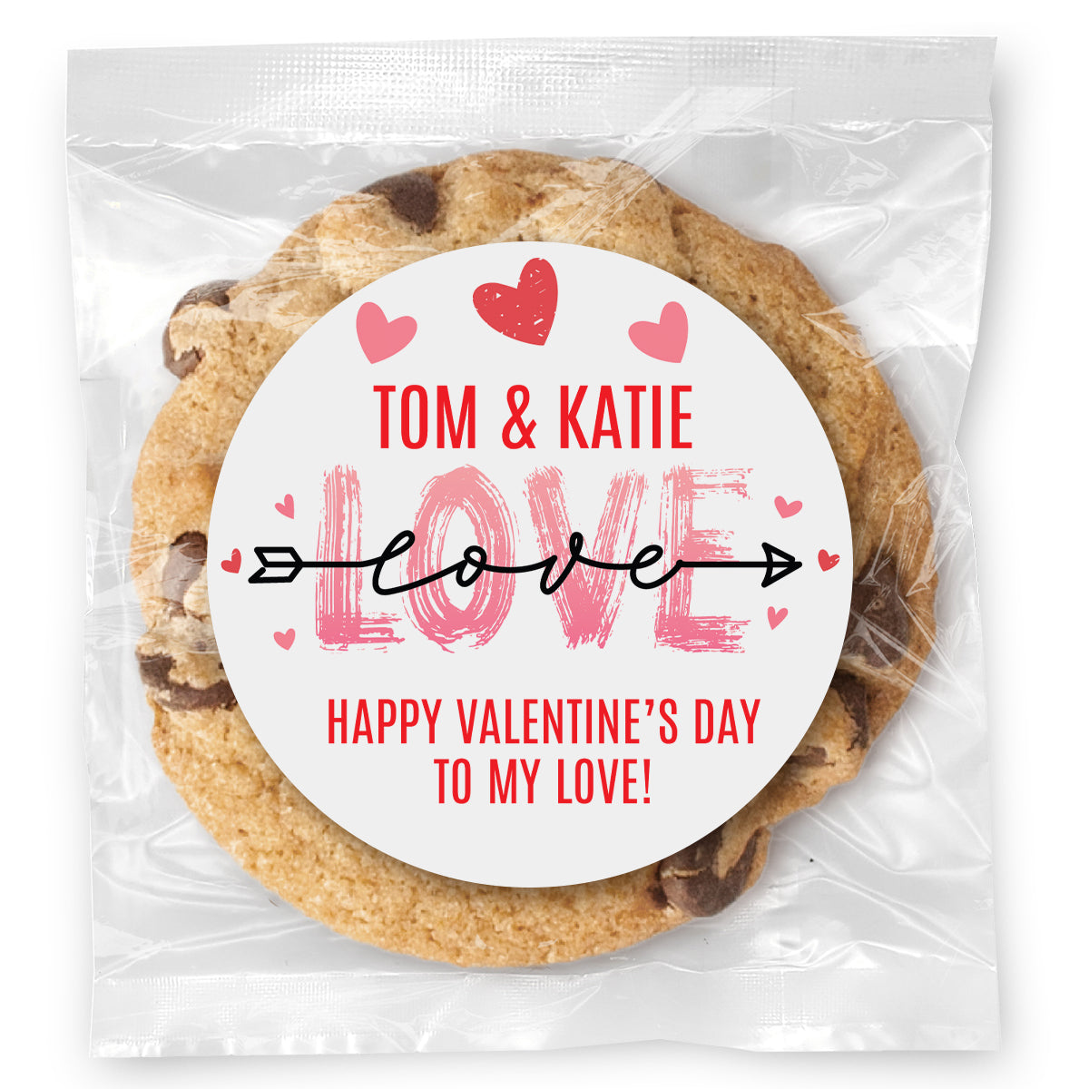 Love Arrow and Hearts - Gourmet Chocolate Chip Or Variety Pack W/ Full Color Personalized Sticker