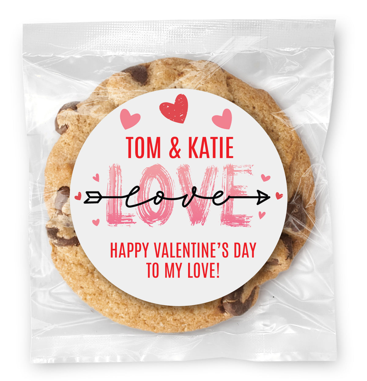 Love Arrow and Hearts - Gourmet Chocolate Chip Or Variety Pack W/ Full Color Personalized Sticker