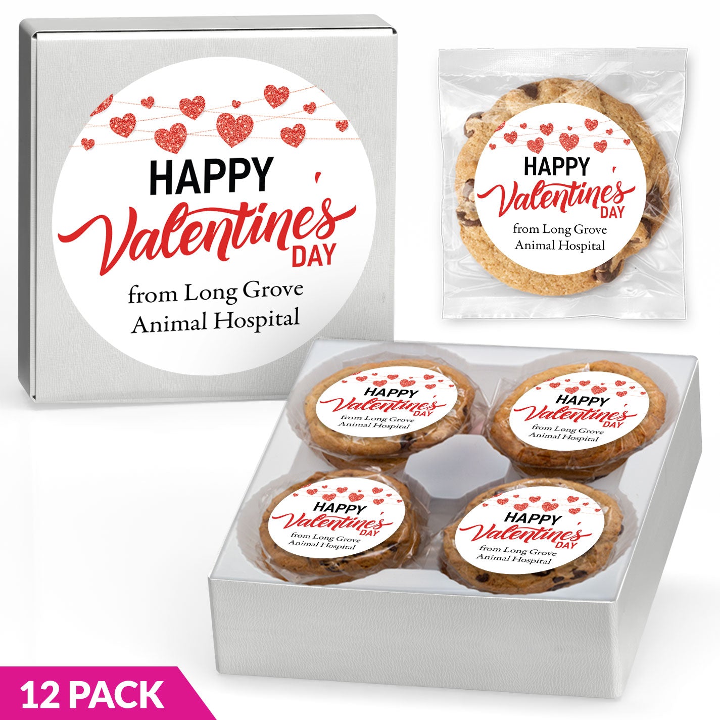 Happy Valentines Day Glitter Hearts - Gourmet Chocolate Chip or Variety Pack w/ Full Color Personalized Sticker Gift Box
