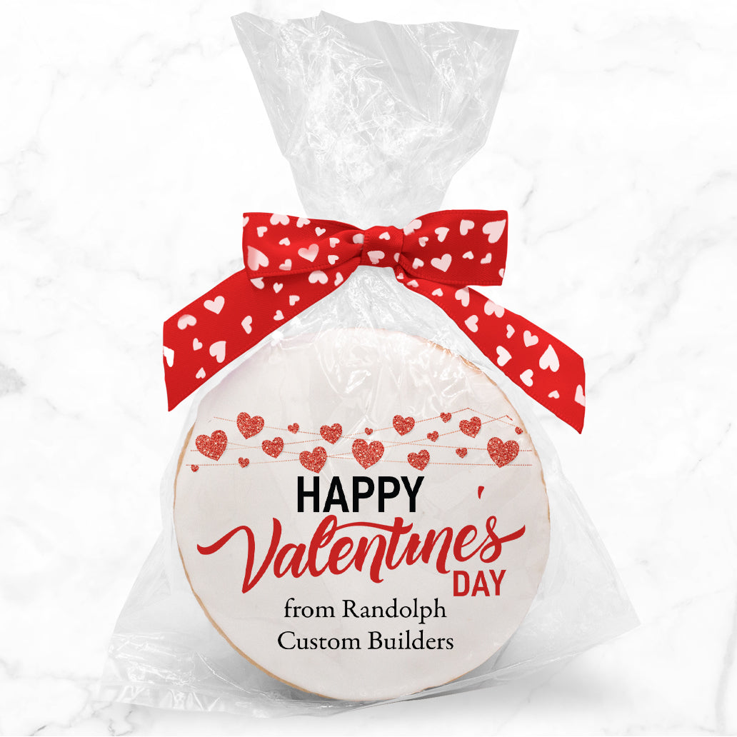 Happy Valentines Day Glitter Hearts - Personalized Direct Print On Round Sugar Cookie w/ Gift Bag & Matching Bow