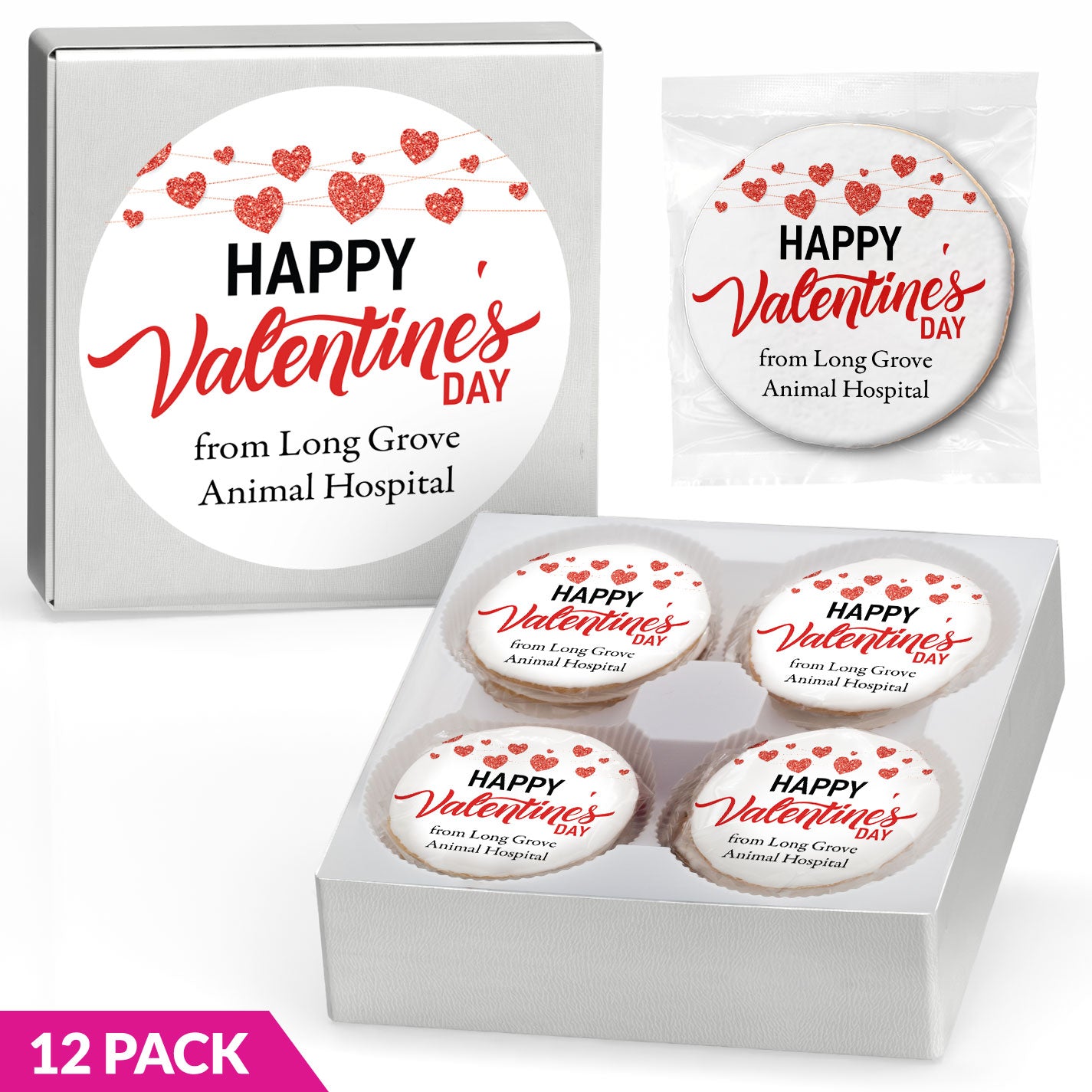 Happy Valentines Day Glitter Hearts - Personalized Direct Print on Round Sugar Cookie Gift Box