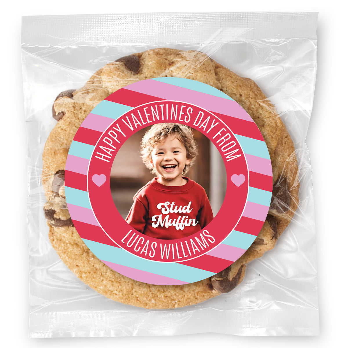 Happy Valentines Day Photo and Name Stripes - Gourmet Chocolate Chip Or Variety Pack W/ Full Color Personalized Sticker