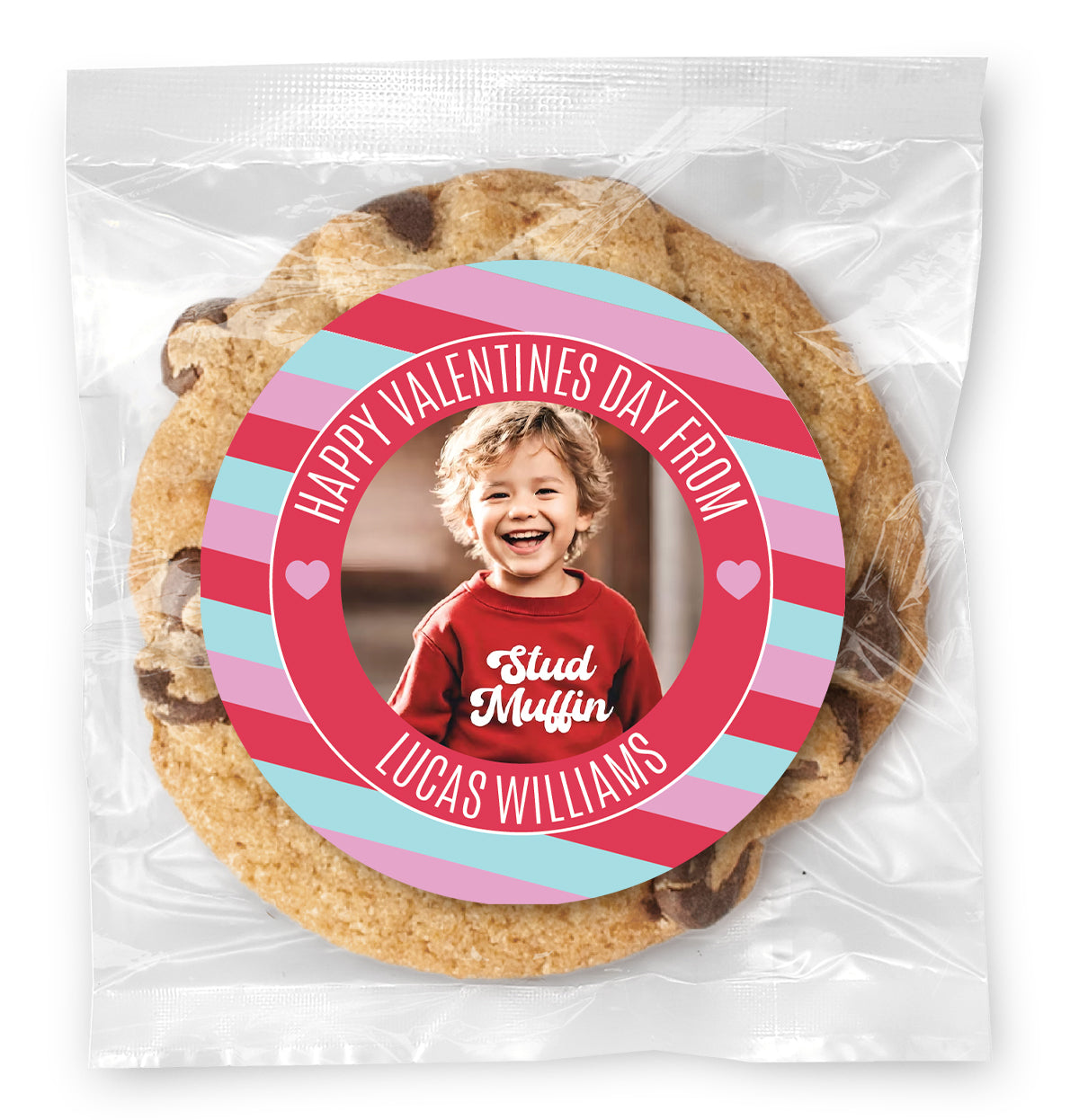 Happy Valentines Day Photo and Name Stripes - Gourmet Chocolate Chip Or Variety Pack W/ Full Color Personalized Sticker