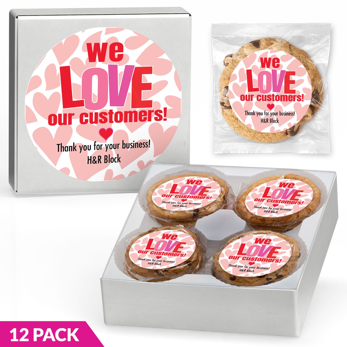 Valentine's We love our Customers - Gourmet Chocolate Chip or Variety Pack w/ Full Color Personalized Sticker Gift Box