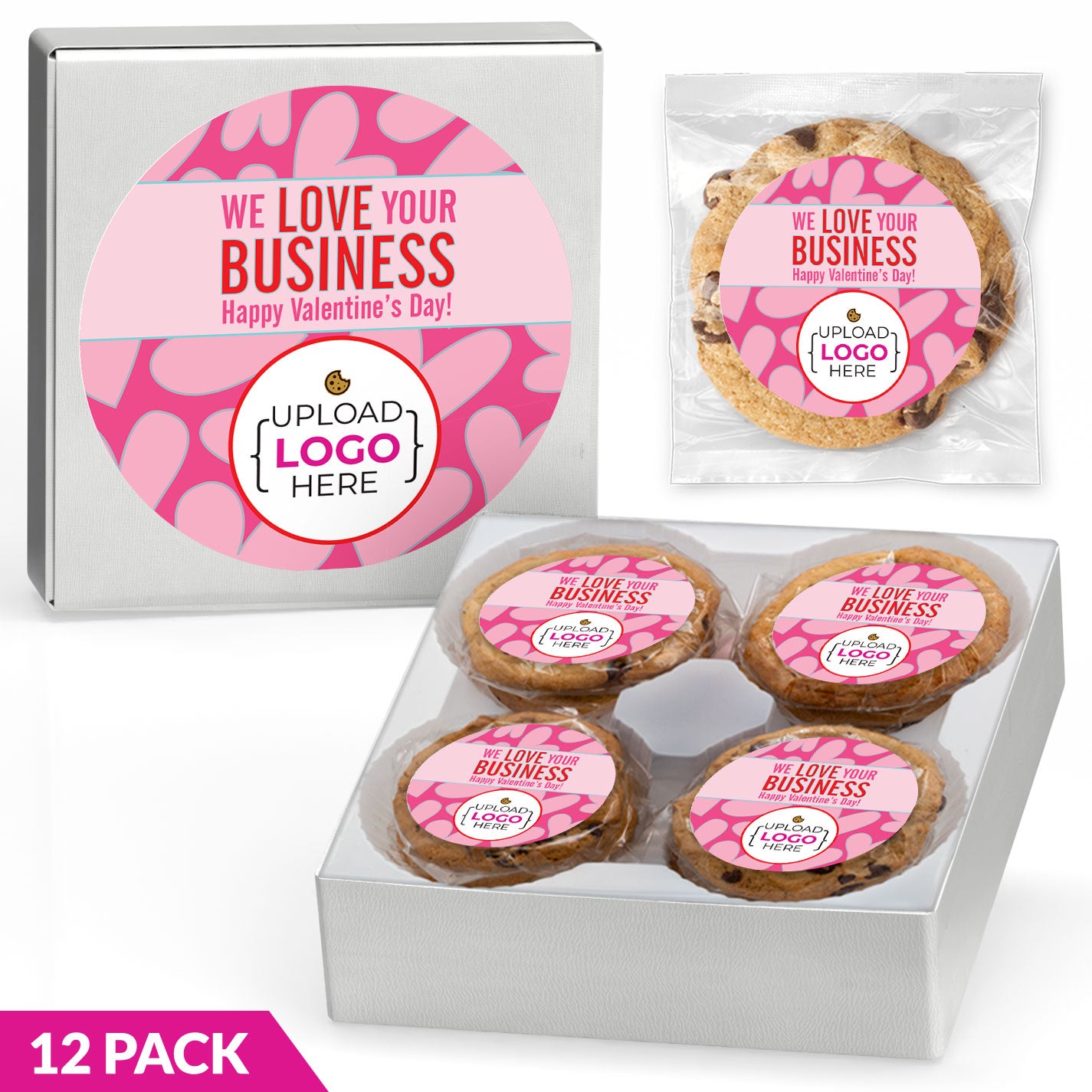 Valentines We Love Your Business Logo Upload - Gourmet Chocolate Chip or Variety Pack w/ Full Color Personalized Sticker Gift Box