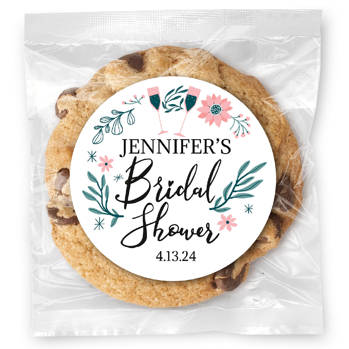 Champagne Floral Bridal Shower - Gourmet Chocolate Chip Or Variety Pack W/ Full Color Personalized Sticker