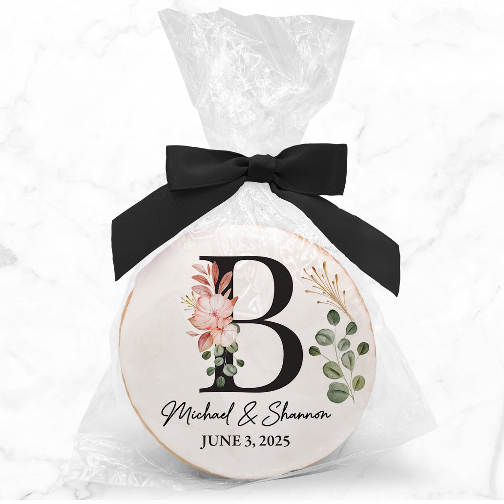 Muted Floral Monogram - Personalized Direct Print On Round Sugar Cookie w/ Gift Bag & Matching Bow