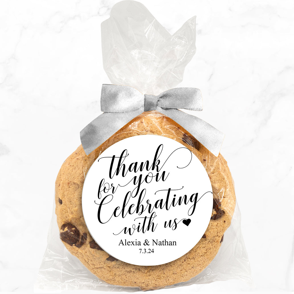 Thank You For Celebrating With Us - Gourmet Chocolate Chip Or Variety Pack W/ Full Color Personalized Sticker w/ Gift Bag & Matching Bow