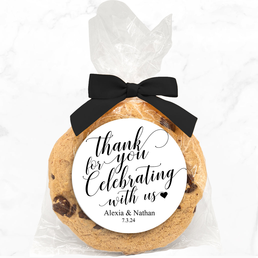 Thank You For Celebrating With Us - Gourmet Chocolate Chip Or Variety Pack W/ Full Color Personalized Sticker w/ Gift Bag & Matching Bow