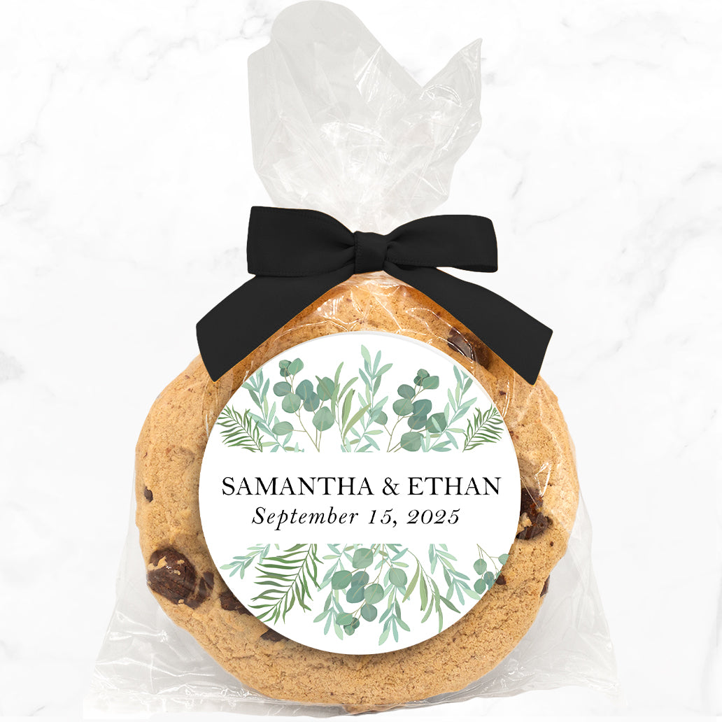 Couples Names Greenery - Gourmet Chocolate Chip Or Variety Pack W/ Full Color Personalized Sticker w/ Gift Bag & Matching Bow