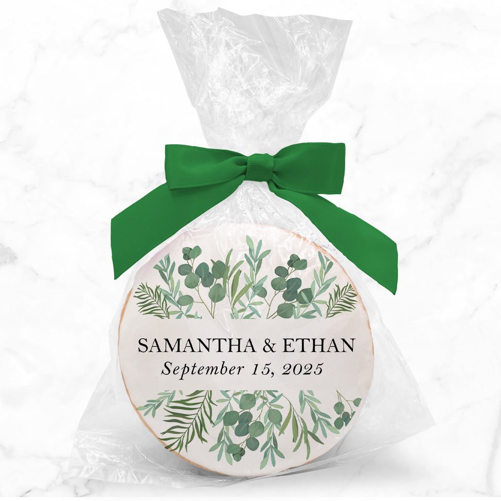 Couples Names Greenery - Personalized Direct Print On Round Sugar Cookie w/ Gift Bag & Matching Bow