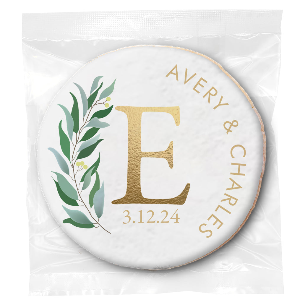 Personalized Wedding "Gold Leafy Monogram" Direct Print on Round Sugar Cookies