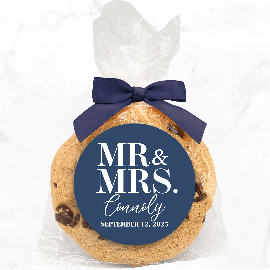 Mr. & Mrs. - Gourmet Chocolate Chip Or Variety Pack W/ Full Color Personalized Sticker w/ Gift Bag & Matching Bow