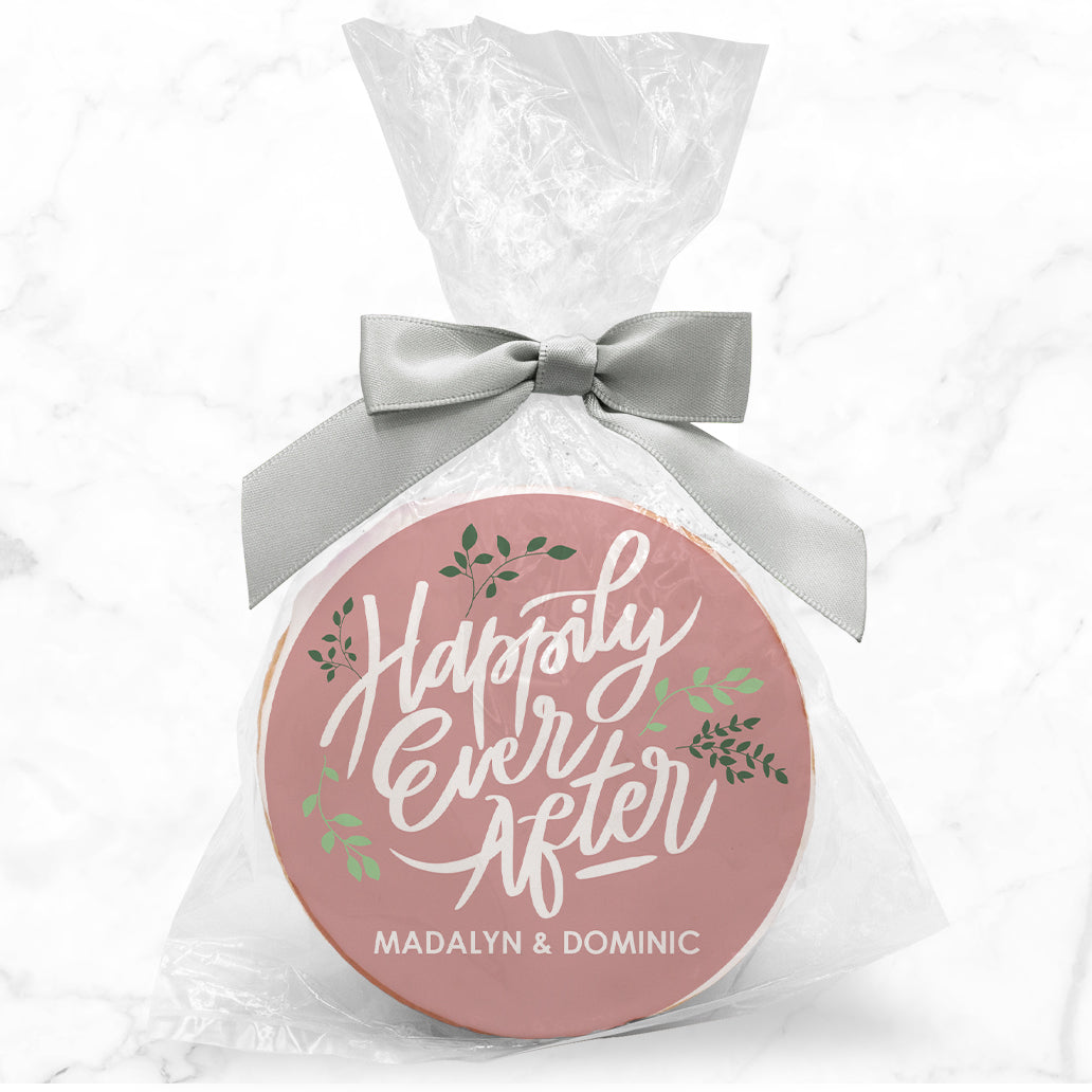 Happily Ever After Leaves - Personalized Direct Print On Round Sugar Cookie w/ Gift Bag & Matching Bow