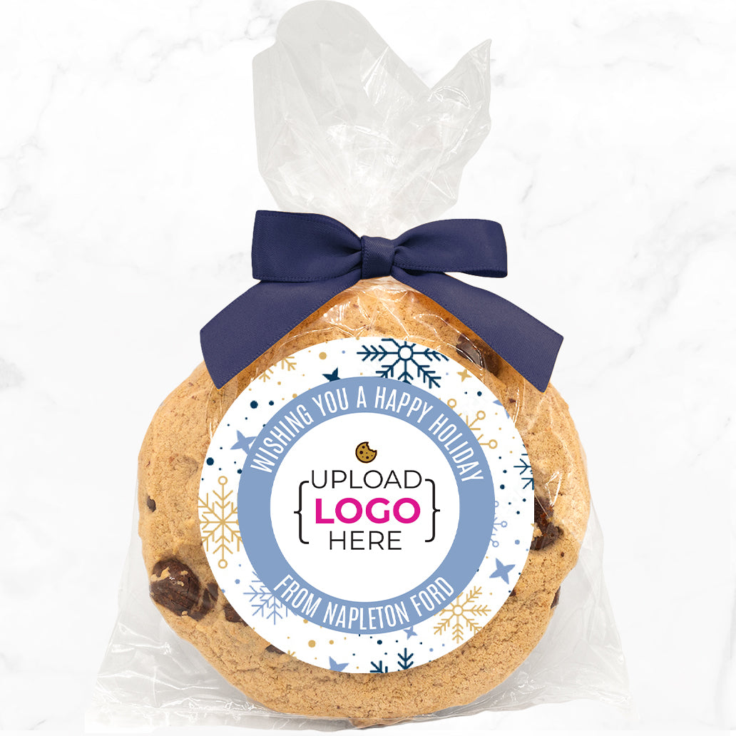 Happy Holidays Logo Upload - Gourmet Chocolate Chip Or Variety Pack W/ Full Color Personalized Sticker w/ Gift Bag & Matching Bow