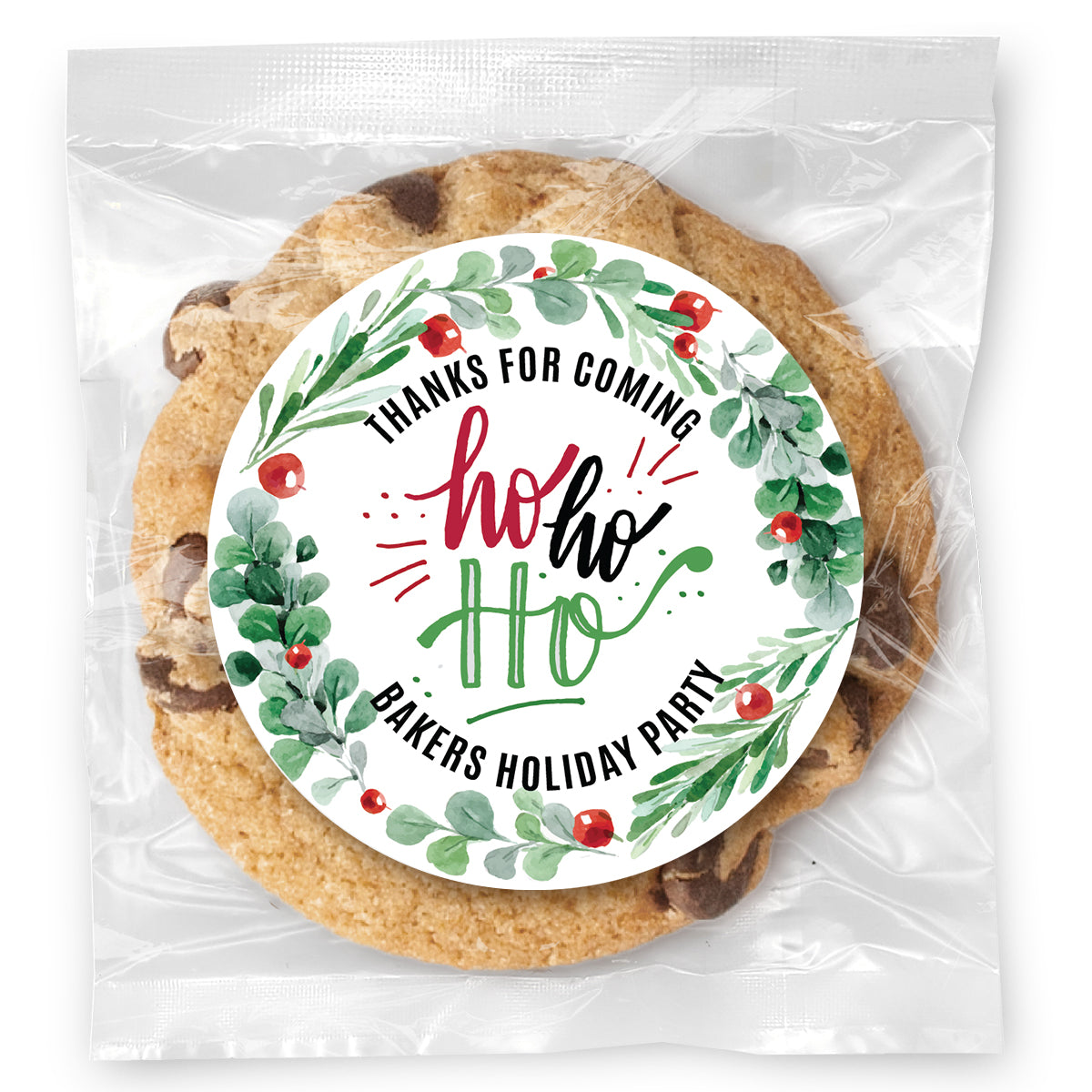 HoHoHo Wreath Write Your Message - Gourmet Chocolate Chip Or Variety Pack W/ Full Color Personalized Sticker