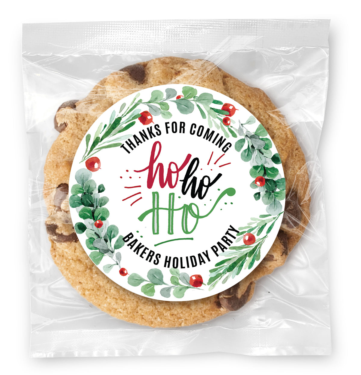 HoHoHo Wreath Write Your Message - Gourmet Chocolate Chip Or Variety Pack W/ Full Color Personalized Sticker