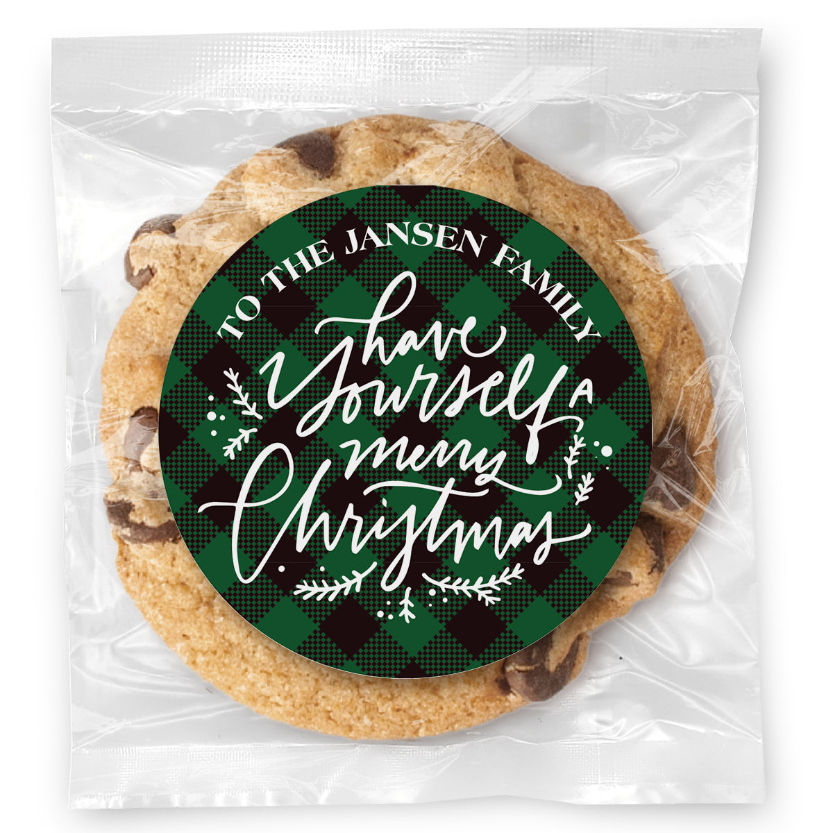 Have yourself a Merry Christmas Green Plaid - Gourmet Chocolate Chip Or Variety Pack W/ Full Color Personalized Sticker