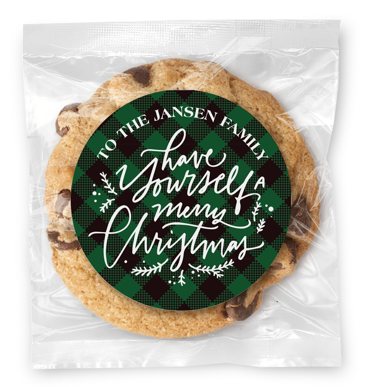 Have yourself a Merry Christmas Green Plaid - Gourmet Chocolate Chip Or Variety Pack W/ Full Color Personalized Sticker