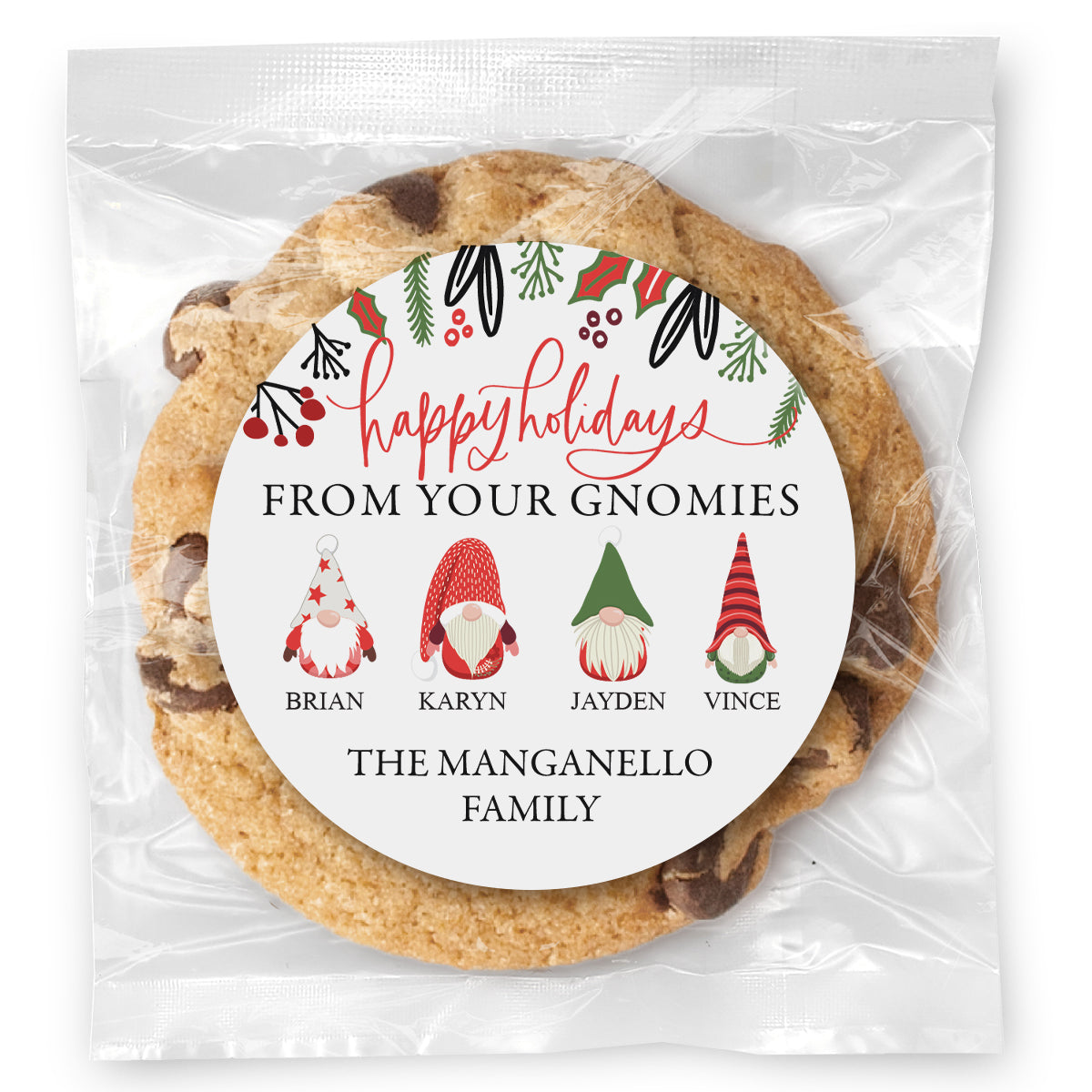 Holiday Gnomies - Family Versions - Gourmet Chocolate Chip Or Variety Pack W/ Full Color Personalized Sticker
