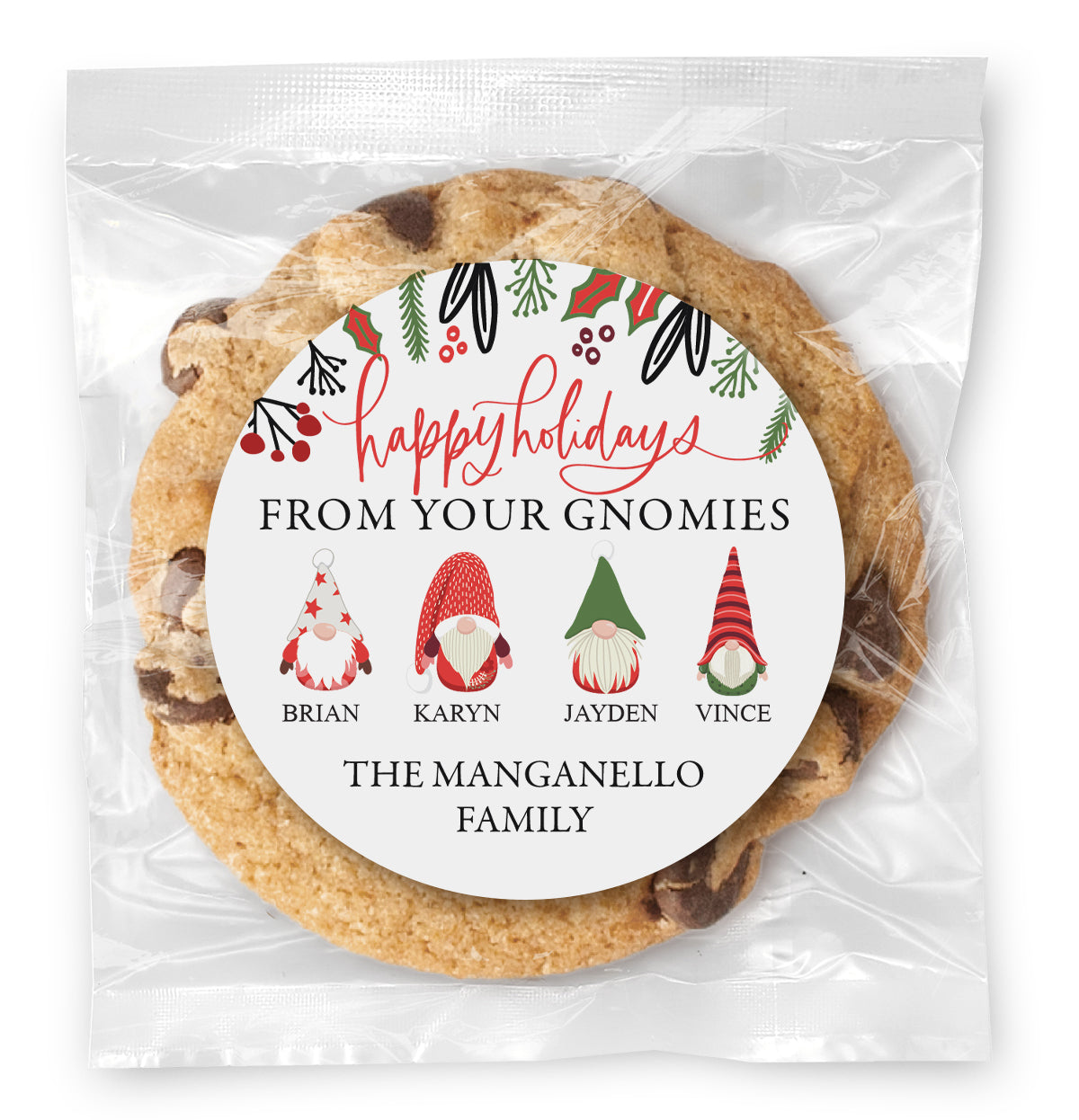 Holiday Gnomies - Family Versions - Gourmet Chocolate Chip Or Variety Pack W/ Full Color Personalized Sticker