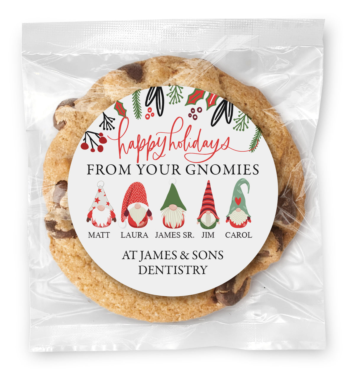 Holiday Gnomies - Family Versions - Gourmet Chocolate Chip Or Variety Pack W/ Full Color Personalized Sticker