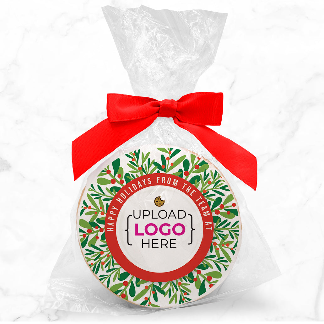 Wreath Logo Upload & Message - Personalized Direct Print On Round Sugar Cookie w/ Gift Bag & Matching Bow